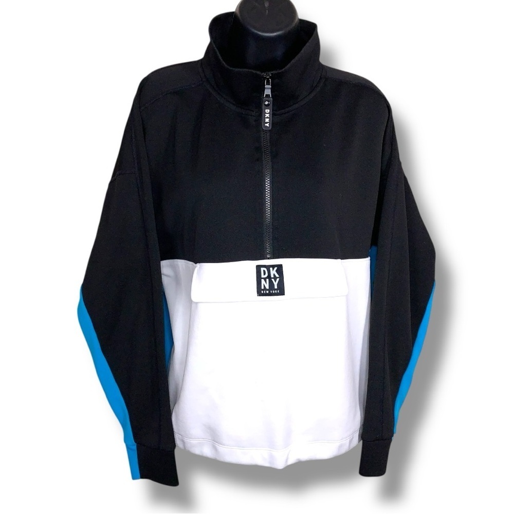 Large DKNY Sport Colorblock Athletic Jacket Golf Black White Blue Zip Collar